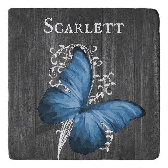 Blue Rustic Butterfly Personalized Trivet (Front)