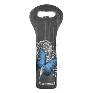 Blue Rustic Butterfly Personalized Wine Bag