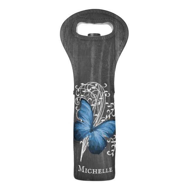 Blue Rustic Butterfly Personalized Wine Bag (Front)