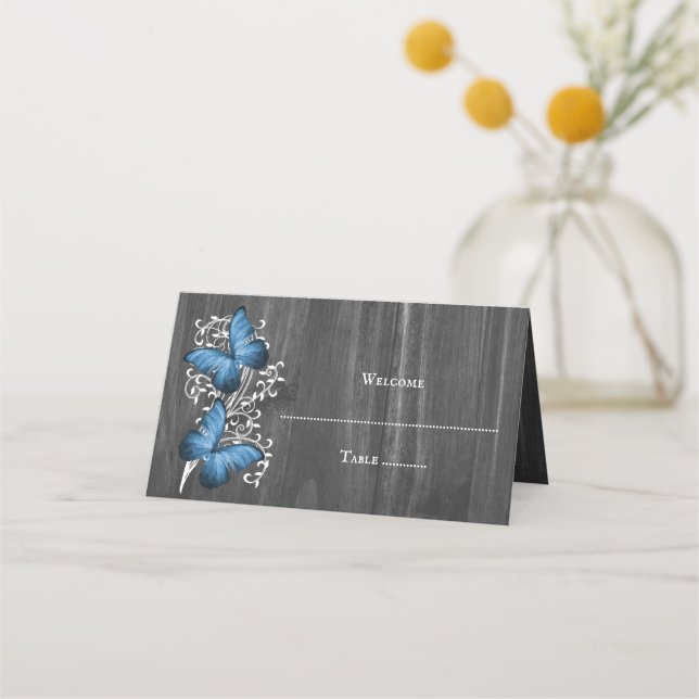 Blue Rustic Butterfly Reception Place Card (Front)