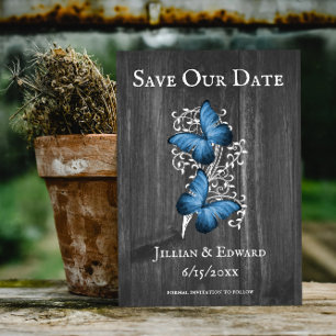 Blue Rustic Butterfly Save The Date Announcement