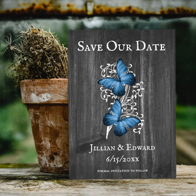 Blue Rustic Butterfly Save The Date Announcement (Blue Rustic Butterfly Save the Date)