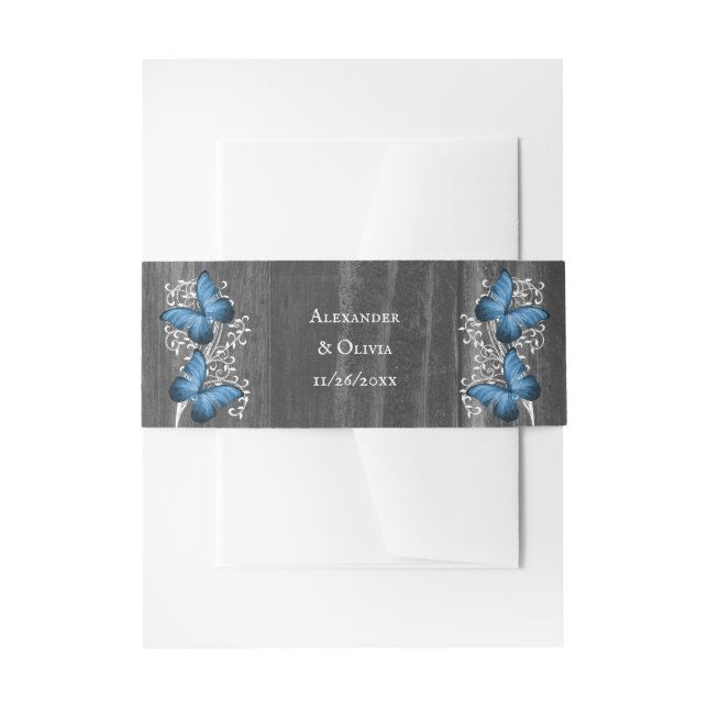 Blue Rustic Butterfly Wedding Invite Belly Band (Front Example)