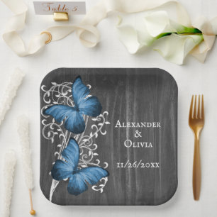 Blue Rustic Butterfly Wedding Paper Plate