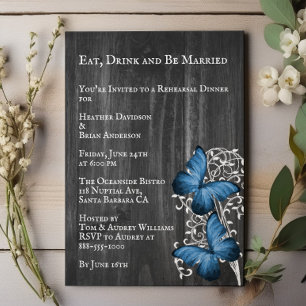 Blue Rustic Butterfly Wedding Rehearsal Dinner Invitation