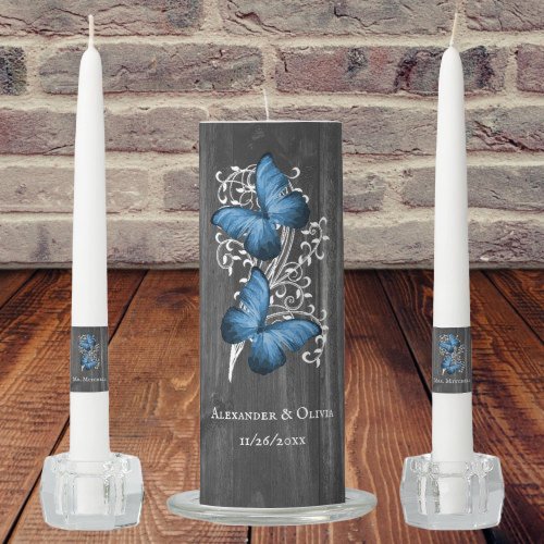 Blue Rustic Butterfly Wedding Unity Candle Set