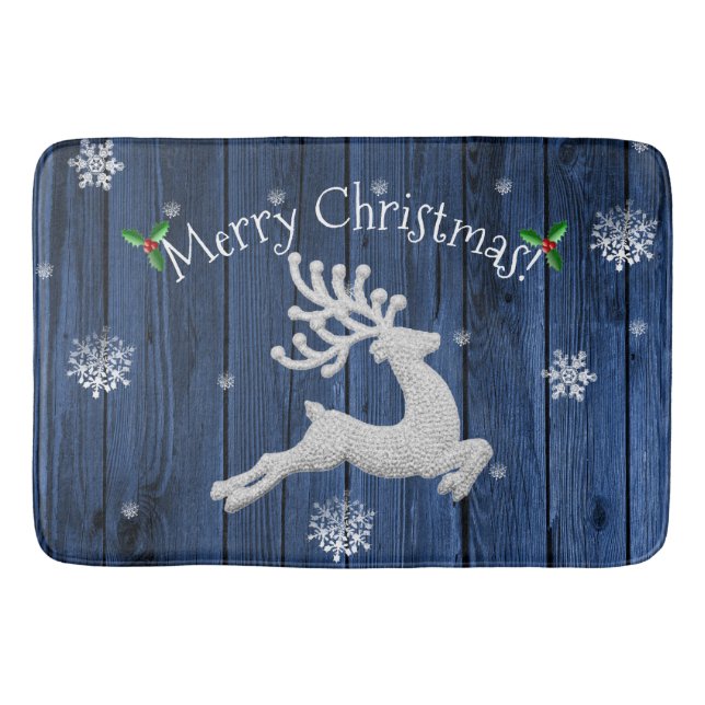 Blue Rustic Christmas Reindeer Bath Mat (Front)
