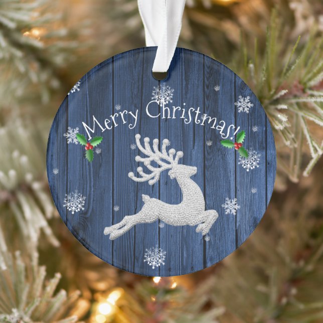 Blue Rustic Christmas Reindeer Ornament (Tree)