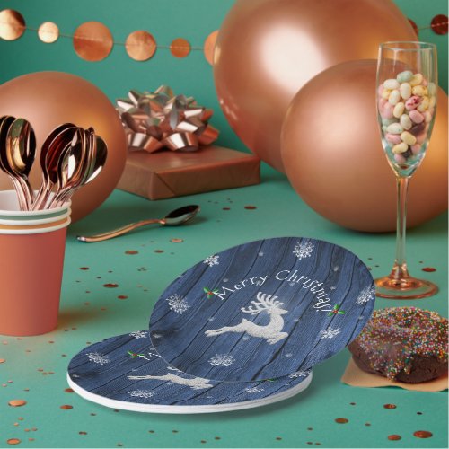 Blue Rustic Christmas Reindeer Paper Plate