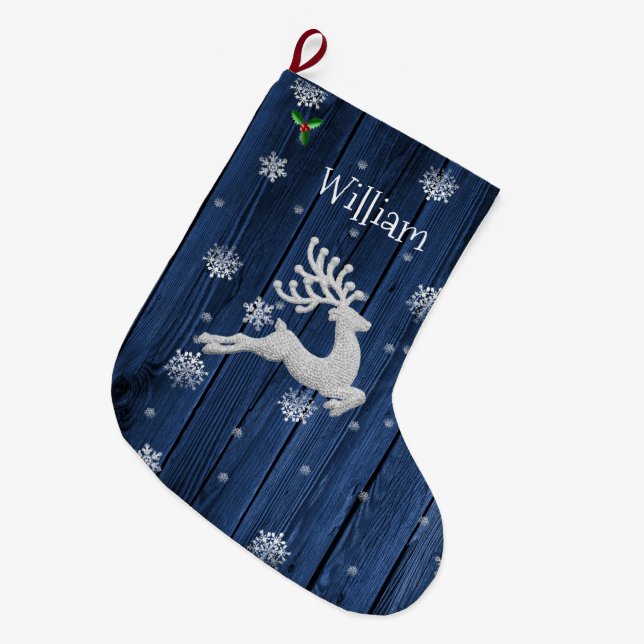 Blue Rustic Christmas Reindeer Stocking (Front (Hanging))