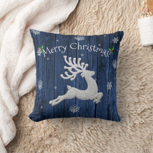 Blue Rustic Christmas Reindeer Throw Pillow