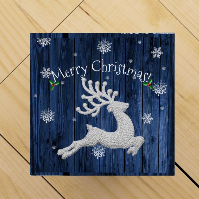 Blue Rustic Christmas Reindeer Wine Gift Box (Top)
