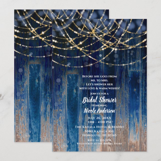Blue Rustic Coastal Barn Wood Bokeh Bridal Shower Invitation (Front/Back)