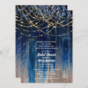 Blue Rustic Coastal Barn Wood Bokeh Bridal Shower Invitation
