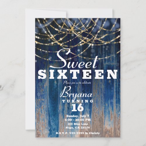 Blue Rustic Coastal Barn Wood Bokeh Sweet 16 Invitation