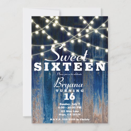 Blue Rustic Coastal Barn Wood  Lights Sweet 16 Invitation