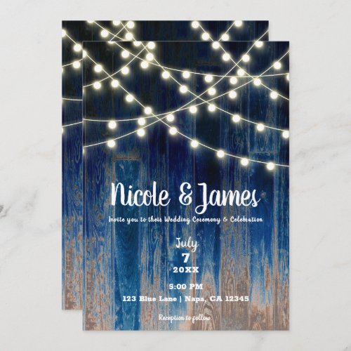 Blue Rustic Coastal Barn Wood  Lights Wedding Inv Invitation