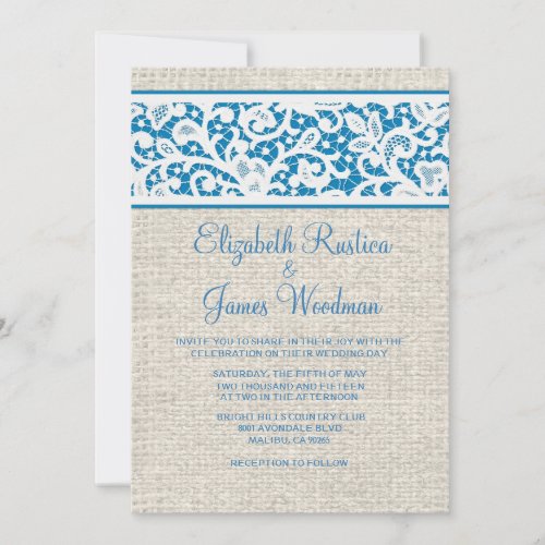 Blue Rustic Country Burlap Wedding Invitations