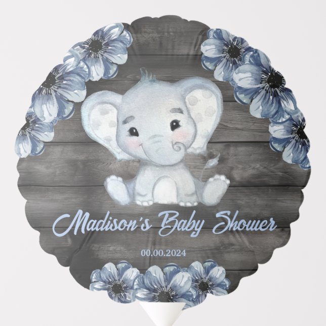 Blue Rustic Elephant Floral Baby Shower Balloon  (Front)