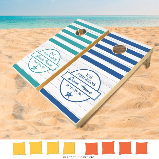 Blue Rustic Family Beach House Cornhole Set (Personalize this set with your family name, and place or established date. Choose two bag colors.)