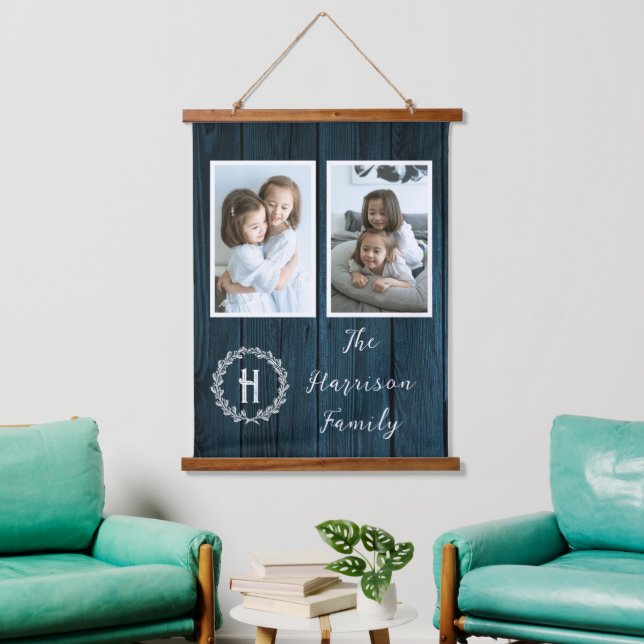 Blue Rustic Family Monogram Photo Hanging Tapestry (Living Room)