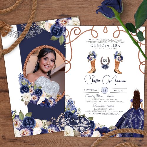 Blue Rustic Floral Charro Photo Quinceaera Invitation