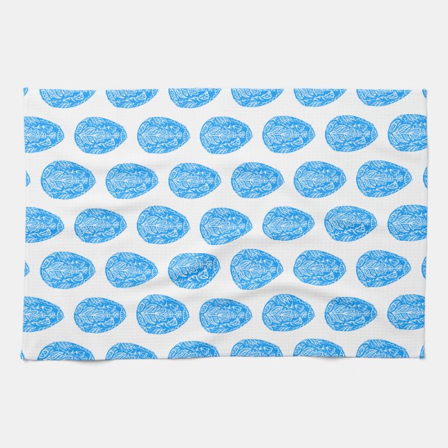 Blue Rustic Floral Easter Egg Linocut Kitchen Towel (Horizontal)