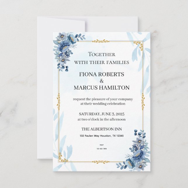 Blue Rustic Floral Elegant Save the Date RSVP Card (Front)
