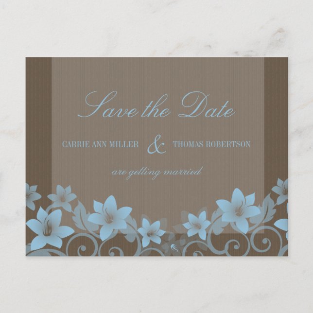 Blue Rustic Floral Save the Date Postcard (Front)