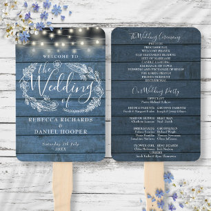 Blue Rustic Floral String Lights Wedding Program Hand Fan