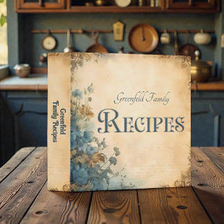 Blue Rustic Floral Victorian Family Recipe Book 3 Ring Binder