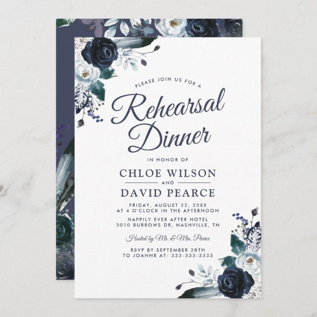 Blue Rustic Floral Wedding Rehearsal Dinner Invitation (Front/Back)