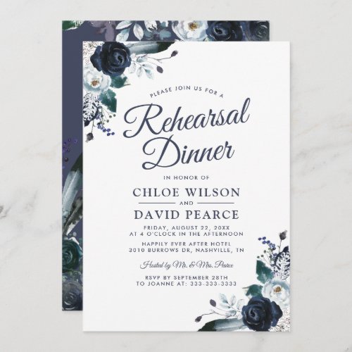 Blue Rustic Floral Wedding Rehearsal Dinner Invitation - Elegant navy wedding rehearsal dinner invitations featuring a trendy white background that can be changed to any color, rustic boho blue watercolor flowers, and a modern wedding dinner template.