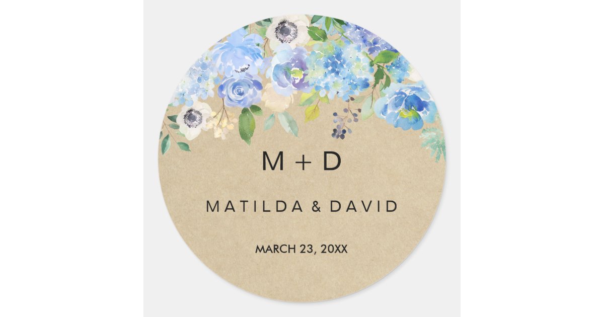Blue Rustic Floral Wedding Sticker | Zazzle