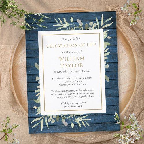 Blue Rustic Foliage Celebration of Life Funeral Announcement Postcard