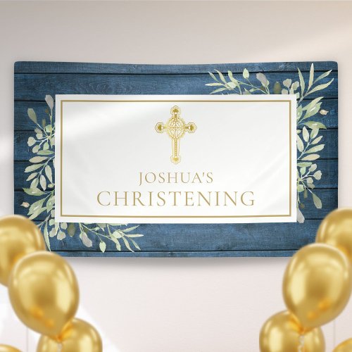 Blue Rustic Foliage Gold Cross Baptism Christening Banner