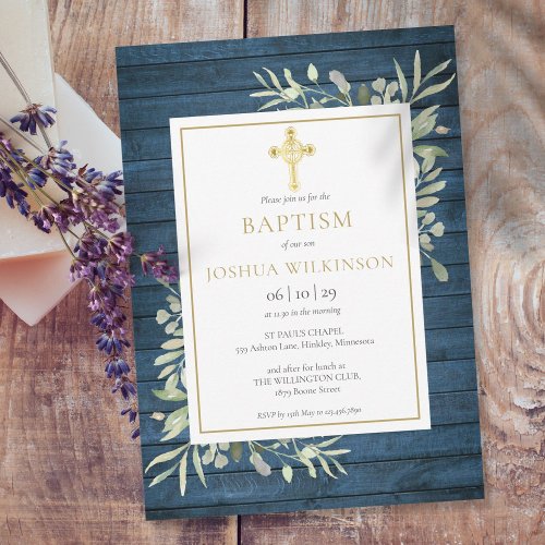 Blue Rustic Foliage Gold Cross Baptism Christening Invitation