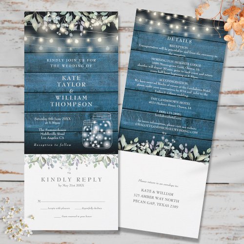 Blue Rustic Foliage Mason Jars All In One Wedding Invitation