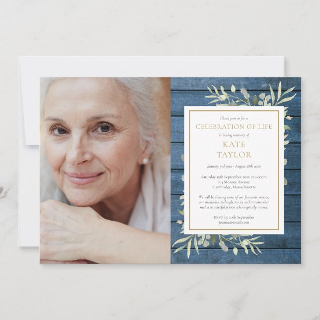 Blue Rustic Greenery Celebration of Life Photo Invitation (Front)
