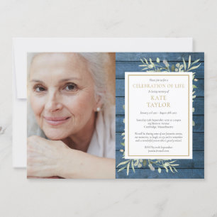 Blue Rustic Greenery Celebration of Life Photo Invitation