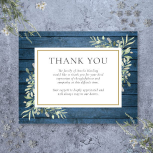 Blue Rustic Greenery Funeral Celebration of Life Thank You Card