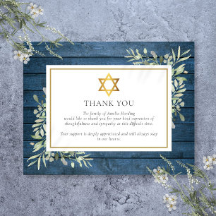Blue Rustic Greenery Jewish Star Of David Funeral Thank You Card