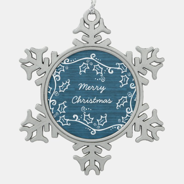 Blue Rustic Holly Snowflake Ornament (Front)