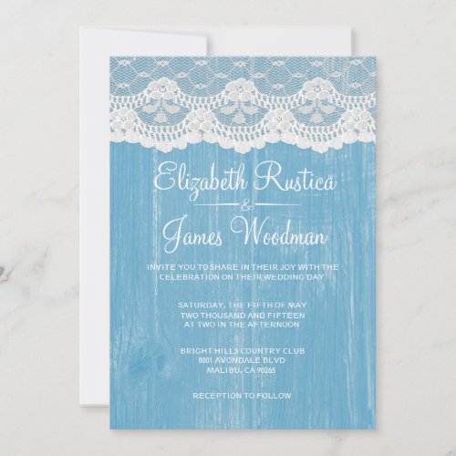 Blue Rustic Lace &amp; Barn Wood Wedding Invitations