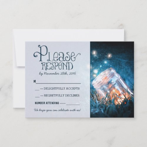 blue rustic lights mason jar wedding RSVP