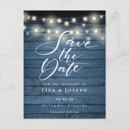 Blue Rustic Lights Photo QR Code Save the Date  Postcard