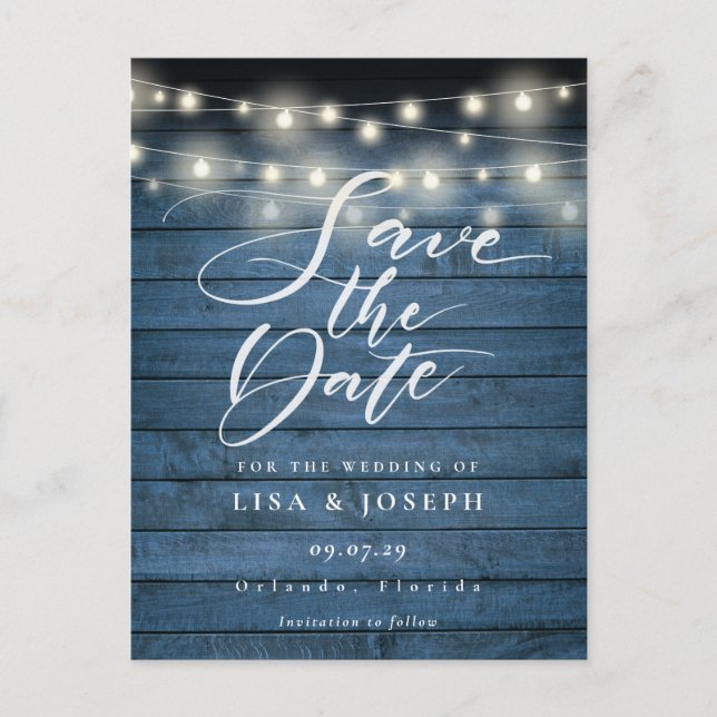 Blue Rustic Lights Photo QR Code Save the Date  Postcard (Front)