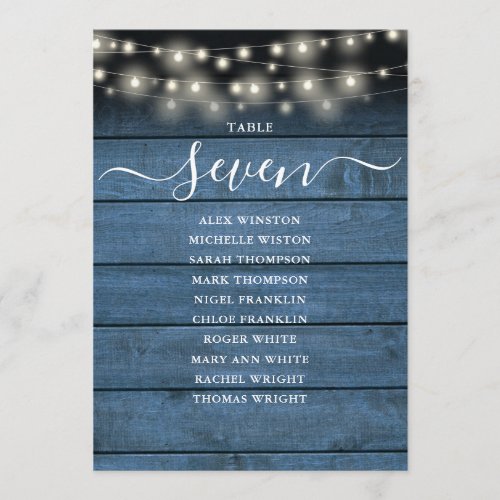 Blue Rustic Lights Table Number Seating Chart