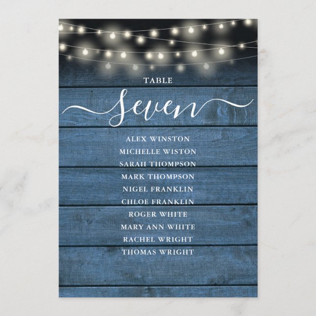 Blue Rustic Lights Table Number Seating Chart (Front)