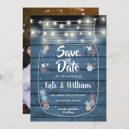 Blue Rustic Mason Jar String Lights Floral Photo Save The Date